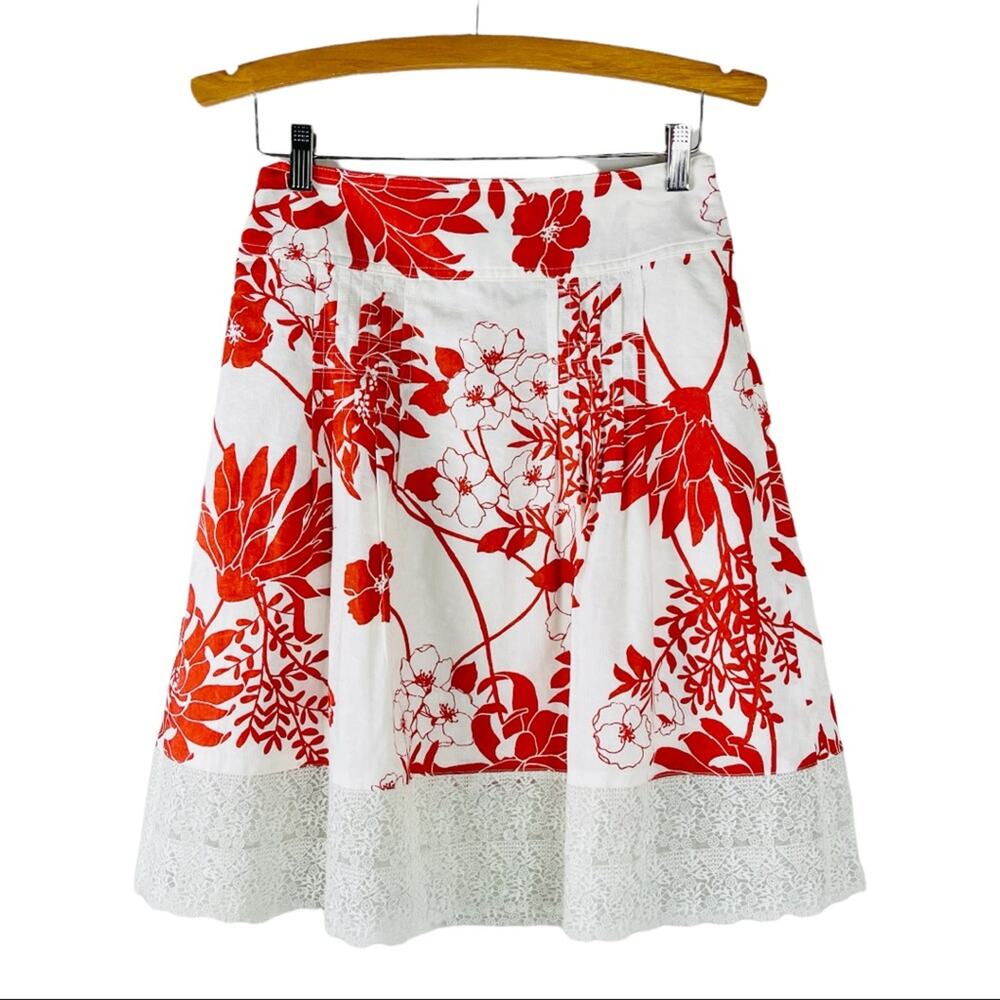 Ann Taylor white orange floral tropical Hawaiian boho lace midi skirt 2P